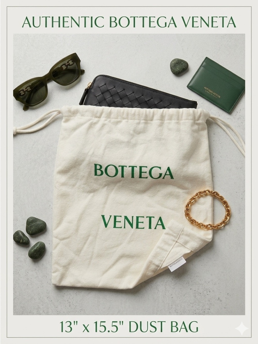 Bottega Veneta Authentic Cream Cotton Dust Bag Green Logo 13” x 15.5”